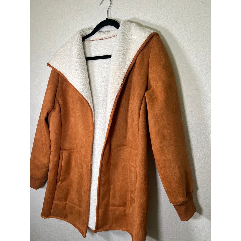 Faux Suede Sherpa Lined Open Front Jacket Size M Cognac Brown Cozy Cabincore - Picture 8 of 12